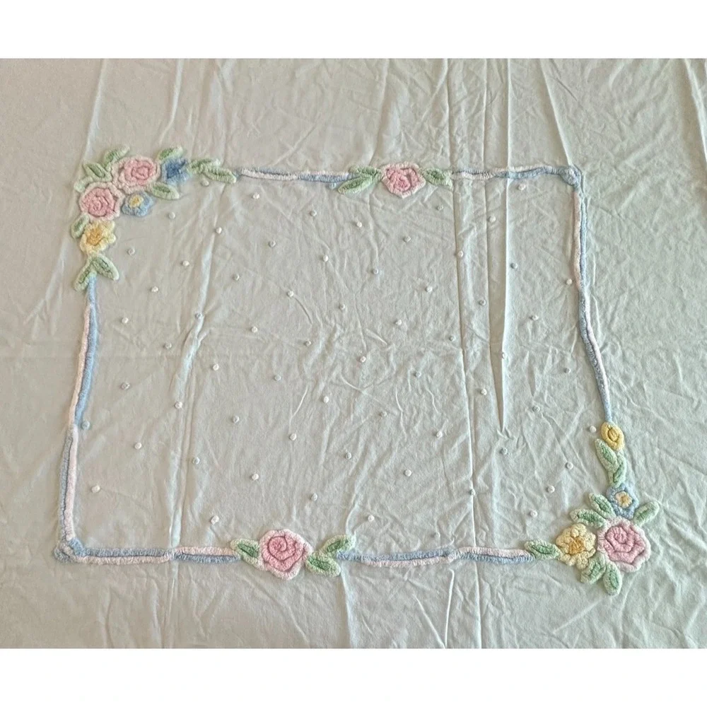 Vintage Hand Embroidered Tablecloth 72x49 Floral Pink‎ Green Yellow Rectangle